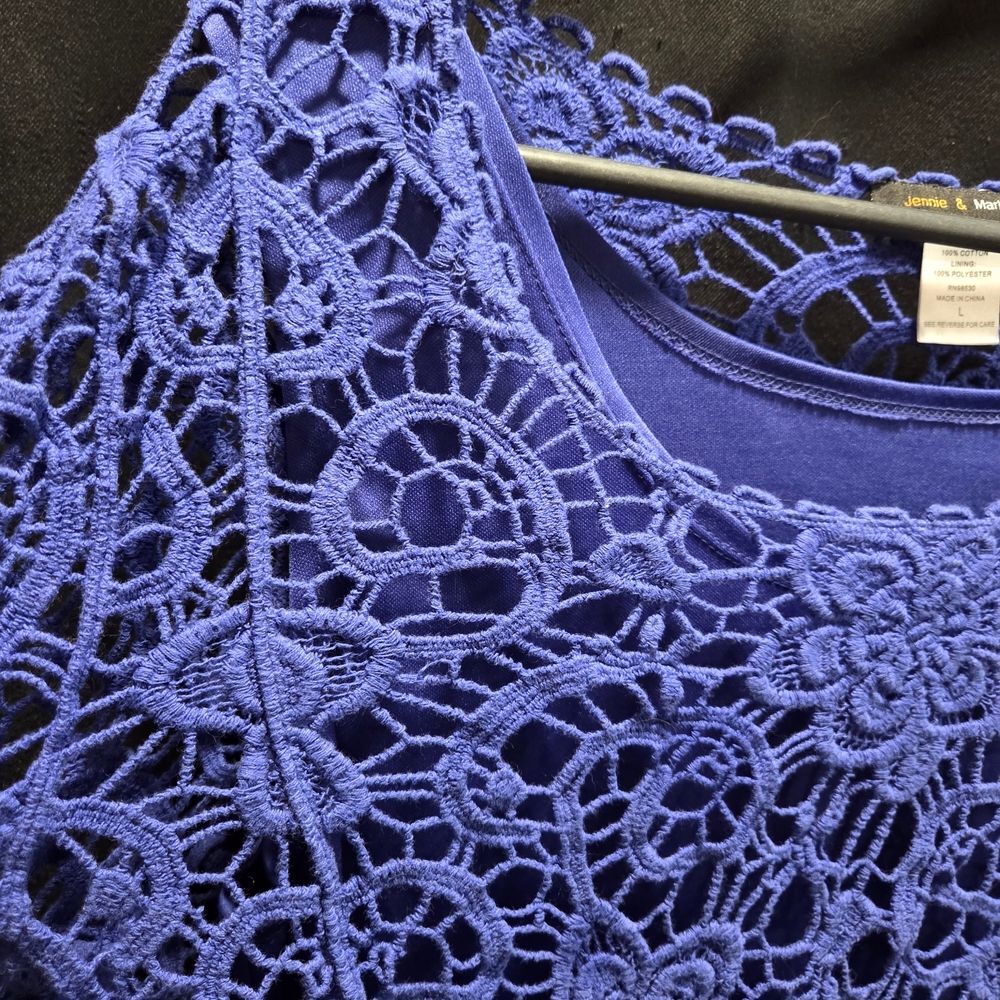 Jennie & Marlis Blue Floral Crochet Lace Top Boho Coastal Poetcore Laced Up Sz L - Picture 7 of 9